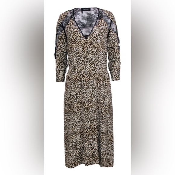The Kooples 100% Silk Leopard Print Midi Dress Black Lace XXS $475